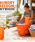 Woman using Portable Bucket Washing Machine With Dual Direction Spin Scrub For 5 Gallon Buckets outdoors at a campsite.