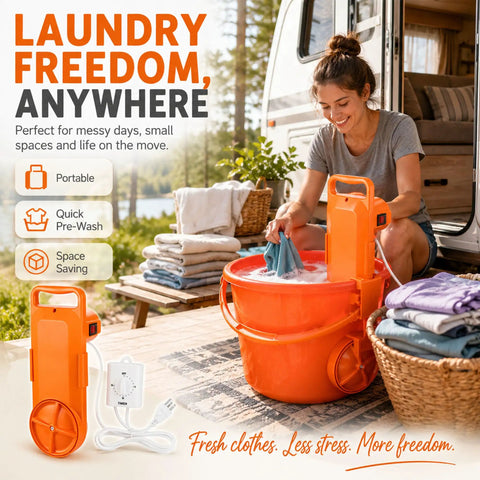 Woman using Portable Bucket Washing Machine With Dual Direction Spin Scrub For 5 Gallon Buckets outdoors at a campsite.