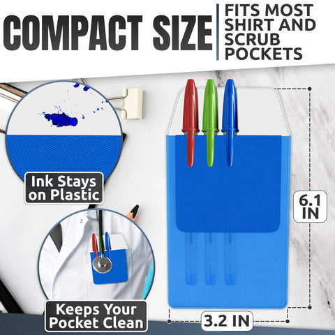 Multi Color Pocket Protectors For Pens And Pencils, Ink Leak Guard For Shirts, Lab Coats, And Pants, showing dimensions 3.2 x 6.1 inches