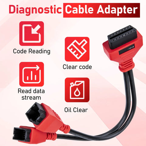 Heavy Duty 12 Plus 8 Pin To OBD2 Diagnostic Adapter Featuring Security Gateway Bypass Cable For American Cars And Trucks, showing cable features and functions.
