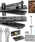 Hidden door hinge kit, thick stainless steel, 360° rotating concealed hinges, black finish; front view with screws, gloves