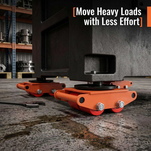 Four Piece Heavy Duty Machinery Skate Dolly With 360 Degree Rotation And PU Rollers For Moving Massive Industrial Equipment In Warehouse And Factory Settings under machine base