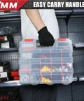 Person holding Double Sided Tool Box Organizer With 34 Compartments And 24 Removable Dividers Red Tackle Box for storage