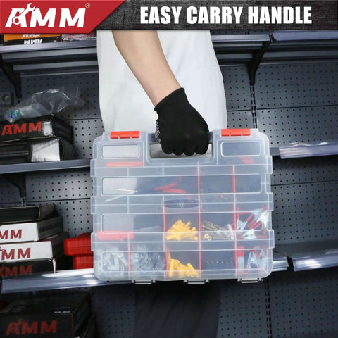 Person holding Double Sided Tool Box Organizer With 34 Compartments And 24 Removable Dividers Red Tackle Box for storage