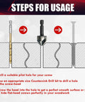 Instructions for using 5 Piece Countersink Drill Bit Set with 82 Degree Countersink on wood surface, showing pilot hole and drill process.