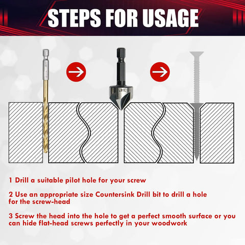 Instructions for using 5 Piece Countersink Drill Bit Set with 82 Degree Countersink on wood surface, showing pilot hole and drill process.
