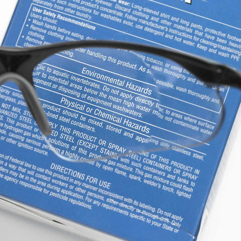 RX-500C 0.75 Diopter Full Lens Magnifier Safety Glasses over product instructions background