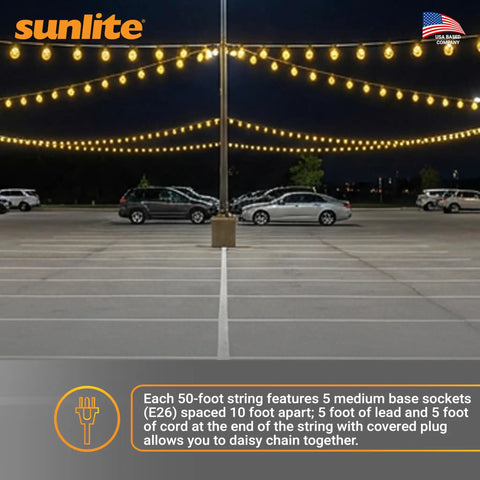 Industrial Cage String Lights 50 Ft With 5 E26 Sockets 75W Max Per Bulb ETL Rated for parking lot illumination