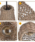 Close-up details of Boho Rattan Pendant Light Fixture, Mini Farmhouse Natural Chandelier Ceiling Lamp, with handwoven wicker texture