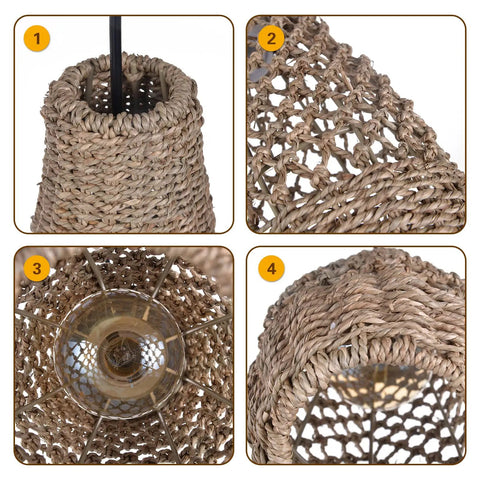 Close-up details of Boho Rattan Pendant Light Fixture, Mini Farmhouse Natural Chandelier Ceiling Lamp, with handwoven wicker texture