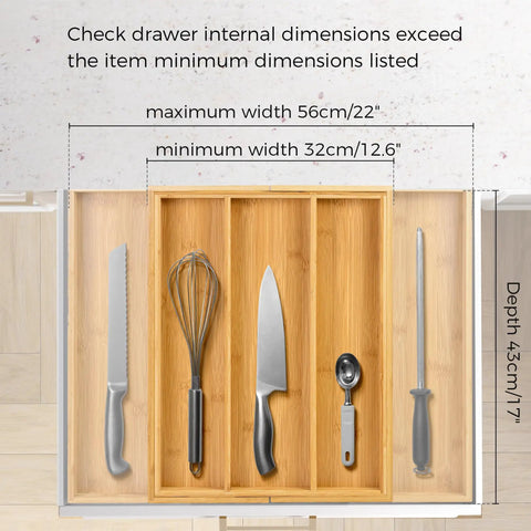 Expandable Bamboo Drawer Organizer For Kitchen Utensils And Flatware Adjustable Cutlery Tray And Knife Organizer Drawer Divider With Five Slots Fits Large Or Small Drawers Go To Kitchen Must Have Home Organizer top view with kitchen tools.