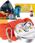1000 Lb Neodymium Magnetic Fishing Kit With 66 Ft Rope, Dual Carabiners, Grappling Hook, Gloves, Scraper, Microfiber Towel And Waterproof Case
