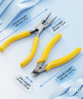 3D Printing Deburring Tool Set With An Ultra Thick Grip Anti Fatigue Handle, platinum pliers, yellow handles, size details visible