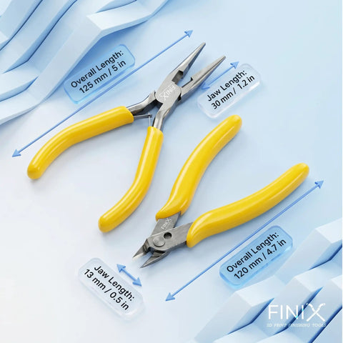 3D Printing Deburring Tool Set With An Ultra Thick Grip Anti Fatigue Handle, platinum pliers, yellow handles, size details visible
