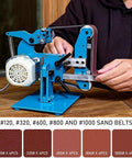 Absolute Pro Level Belt Sander And Buffer Motor With Brushless Technology For Stepless Speed Adjustment Heavy Duty Wood Sanding Metal Polishing And Quick Knife Sharpening Tasks with sand belts in various grits.