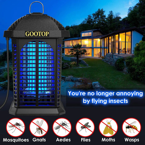 Outdoor Bug Zapper 4200V Electric Mosquito Zapper with Three Prong Plug shown installed outdoors at night