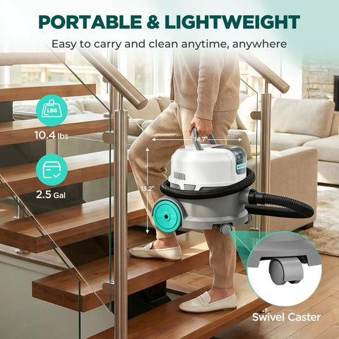No Sweat 24V Cordless Wet Dry Shop Vacuum With Smart Battery Indicator, portable 10.4 lbs, 2.5 gal capacity, easy to carry.