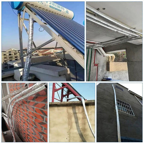 Foam Pipe Insulation Kit With Self Adhesive Foam Wraps, Six Pieces Of Three Quarter Inch ID Tubes shown on building pipes