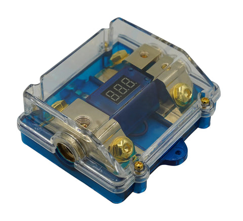 300A ANL Dual Digital Gold Plated Distribution Block Fuse Holder For Car Audio With One 0 to 4 Gauge Input And Two 4 or 8 Gauge Outputs 12 to 24 Volt Input Red LED Status Digital Voltmeter Display 24K Gold Finish