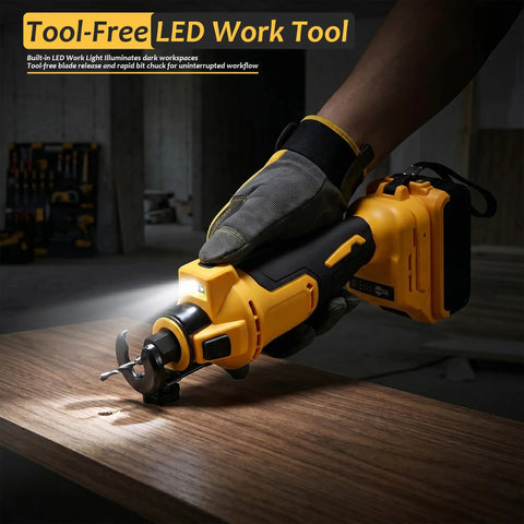 Cordless Drywall Rotary Tool For Sheetrock, Drywall Saw Cutter And Undercut Tool, Brushless Woodworking Cutter For Cutouts In Drywall, Wood, And Plastic, Speed Adjustable Up To 30,000 RPM, Compatible With 20V Max Batteries Not Included. Tool-free LED work tool cutting wood.