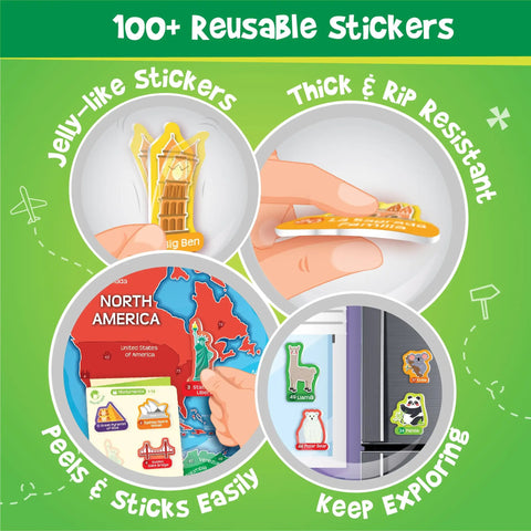 Mapology World Map With Reusable Stickers For Kids Ages Five To Twelve Jelly-like Stickers and Map Chart Details