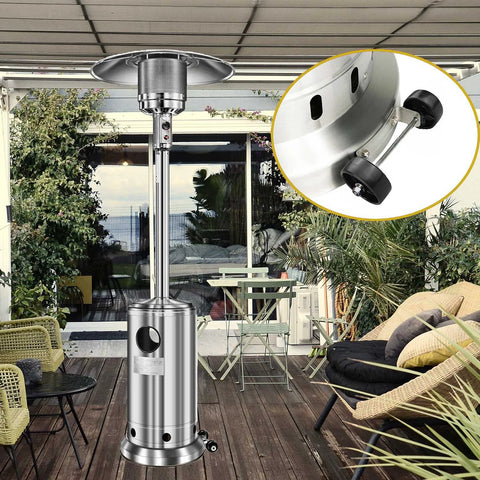 Universal patio heater wheel kit with silver stainless steel bracket and two black wheels for easy relocation