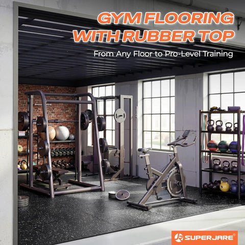 Home gym setup with Thick 0.56 Inch Interlocking Gym Flooring Mats With Rubber Top For Home Gym 12 Pieces Covering 48 Sq Ft.