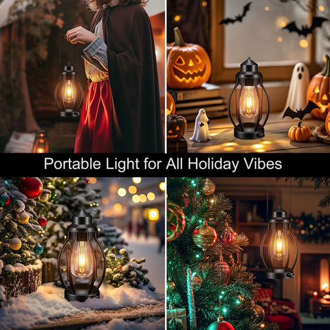 Two Pack Rechargeable Camping Lanterns Battery Operated Hanging Lights for Indoor Outdoor Use USB C Charge Holiday Scenes
