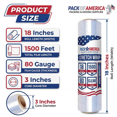 Heavy Duty Clear Stretch Wrap Bundle Four Rolls Straight Up Industrial Shrink Film 18 Inches By 1500 Feet 80 Gauge product size details