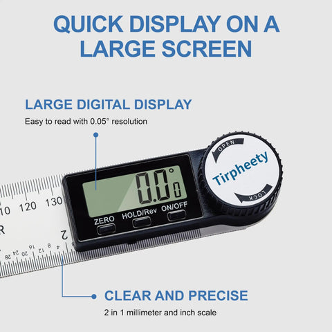 Heavy Duty Digital Angle Finder Protractor Tool With Sleek Seven Inch Body For Zero Guesswork 360 Degree Setup showing a large digital display.