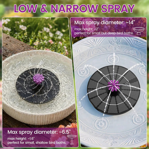 Solar Powered Fountain Pump For Bird Bath With Six Nozzles, Adjustable Spray Heights displayed in shallow and deep bird baths
