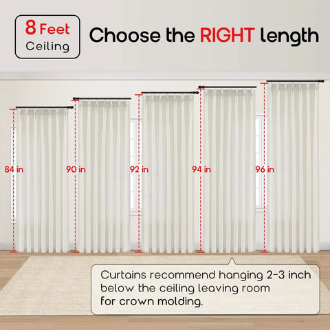 Diagram showing Extra Wide Linen Curtains With Tailored Pinch Pleat Top for 8-foot ceilings, various lengths from 84 to 96 inches.