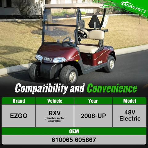 EZGO RXV golf cart, maroon body with beige seats and black bumper, angled front view.