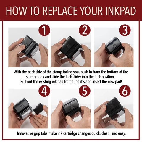 Step-by-step instructions on replacing the inkpad for Kickass Custom Text Line Stamps With Self Inking Tech.