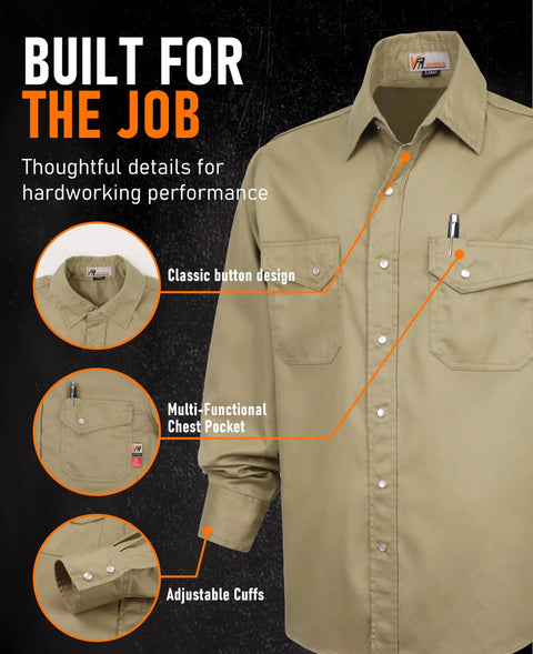 Men's Tough As Nails Flame Resistant Work Shirt Cut From 6.5oz 100 Percent Cotton Twill With Water Repellent Finish, showcasing classic button design.