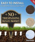 Hefty No Trespassing Signs 2 Pack Private Property Stakes Rock Solid Aluminum sign on grass with soil types for easy installation.
