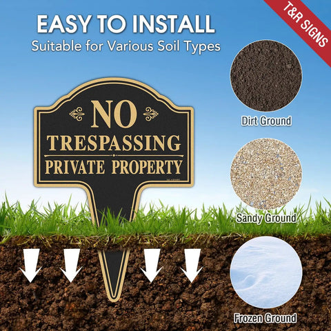 Hefty No Trespassing Signs 2 Pack Private Property Stakes Rock Solid Aluminum sign on grass with soil types for easy installation.