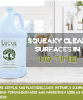 Acrylic Cleaner Spray For Plexiglass And Non Porous Surfaces Streak Free Ready To Use Formula Alcohol And Ammonia Free For Windows Mirrors Electronics Salon And Spa Safe Tanning Bed Friendly 1 Gallon bottle on a table.