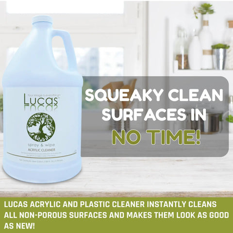 Acrylic Cleaner Spray For Plexiglass And Non Porous Surfaces Streak Free Ready To Use Formula Alcohol And Ammonia Free For Windows Mirrors Electronics Salon And Spa Safe Tanning Bed Friendly 1 Gallon bottle on a table.