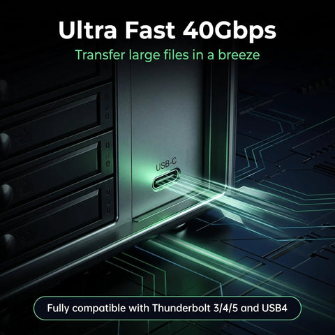 Usb 4 0 Type C Eight Bay Sata Hard Drive Enclosure connection port highlighted, showcasing ultra fast 40Gbps transfer speed.