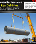 DD Sling nylon lifting slings (Eye & Eye), 2-in wide yellow straps in use lifting a large cylindrical duct with crane