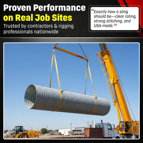 DD Sling nylon lifting slings (Eye & Eye), 2-in wide yellow straps in use lifting a large cylindrical duct with crane