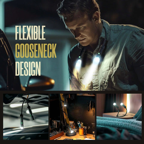 Bright 1800 Lumen LED Neck Light With Rechargeable Battery, flexible gooseneck design, mechanic using hands-free lamp