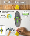3-in-1 Magnetic Stud Finder with Laser, Wall Scanner with 2 Detachable Magnetic Positioning Modules & 4 Wooden Surface Locator Pins, Stud Finder Leveler Tool for Home Renovation Inspection. (Black) features displayed on wooden background.
