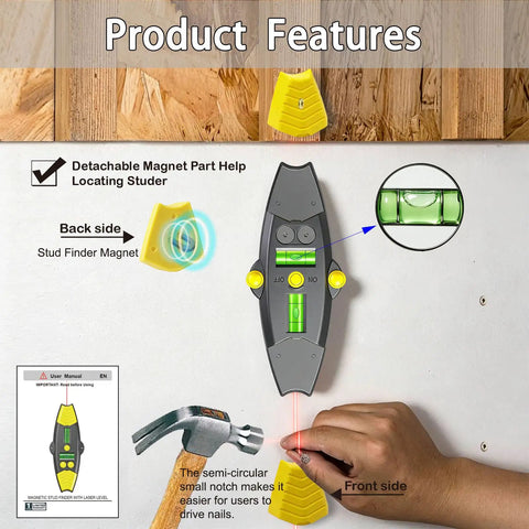 3-in-1 Magnetic Stud Finder with Laser, Wall Scanner with 2 Detachable Magnetic Positioning Modules & 4 Wooden Surface Locator Pins, Stud Finder Leveler Tool for Home Renovation Inspection. (Black) features displayed on wooden background.