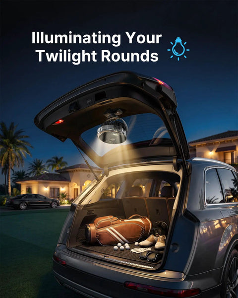 Magnetic Golf Cart Fan With Misting And 12000mAh Battery illuminating car trunk with golf equipment, evening setting