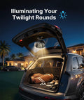 No Sweat On The Course With This Magnetic Golf Cart Misting Fan Packing 12000 Mah Battery Four Speed Brushless Motor Solid Mount And Instant Chill Breeze For Hot Weekends in a car trunk with golf gear.