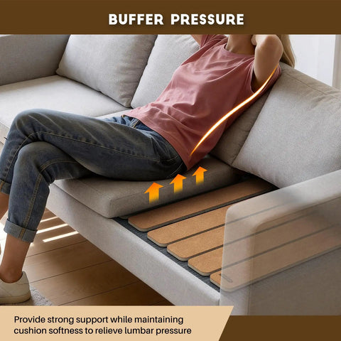 Heavy Duty Couch Cushion Support Board Easily Fixes Sagging Sofa Seats With Smart Adjustable Slats And Safe Rounded Edge Design For Zero Bogus Bounce Back, showing a person relaxing with lumbar support.