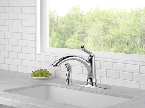 Chrome Single Handle Kitchen Faucet With Side Sprayer, Diamond Seal Technology For Leak Free Longevity, Easy Two Hole Install in kitchen