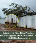 Beefed Up Heavy Duty Fence Post Anchor and Repair Kit stabilizing a tilted wood post in stormy weather with fallen tree debris.